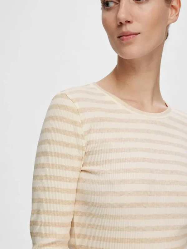 T-shirts>SELECTED STRIBET LANGÆRMET T-SHIRT Beige