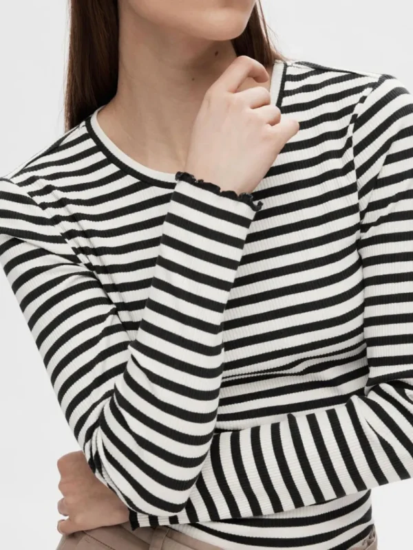 T-shirts>SELECTED STRIBET LANGÆRMET T-SHIRT Black