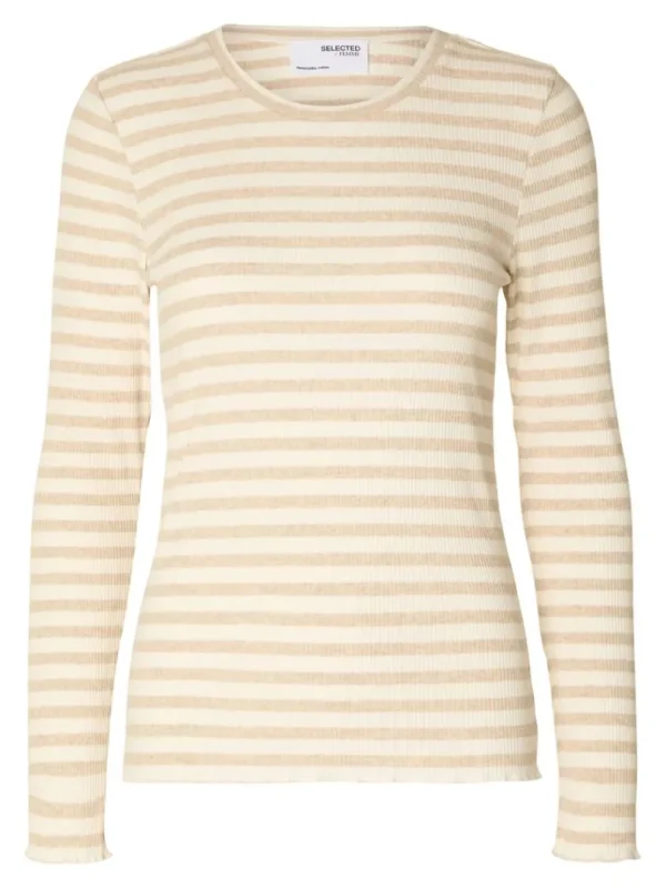 T-shirts>SELECTED STRIBET LANGÆRMET T-SHIRT Beige
