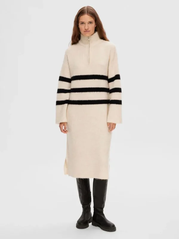 Kjoler>SELECTED STRIBET MIDIKJOLE Beige