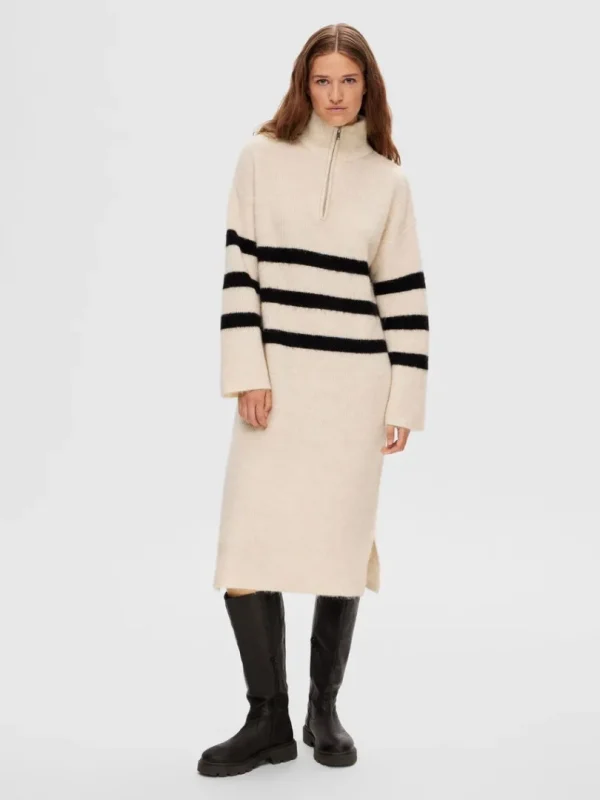 Kjoler>SELECTED STRIBET MIDIKJOLE Beige