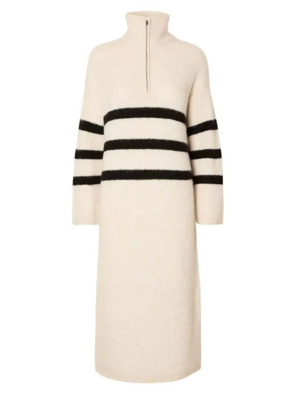 Kjoler>SELECTED STRIBET MIDIKJOLE Beige