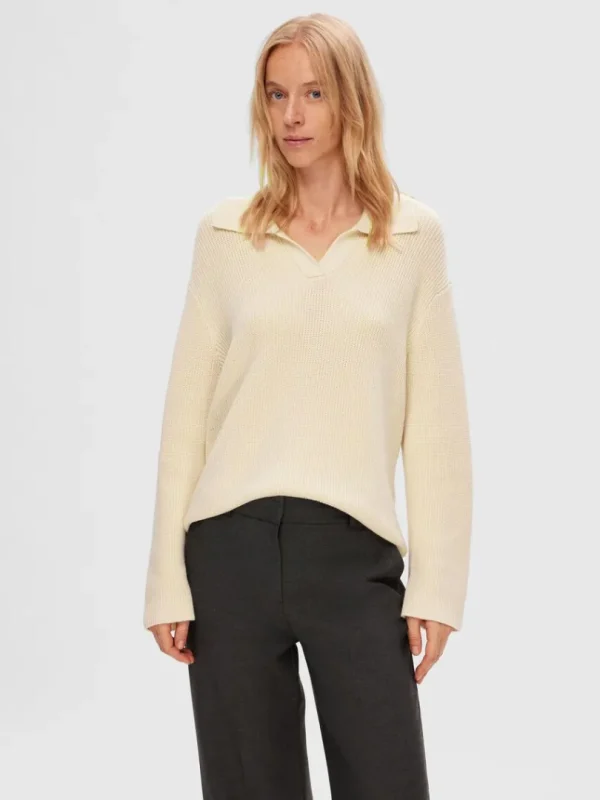 Strik>SELECTED STRIKKET POLO PULLOVER Beige