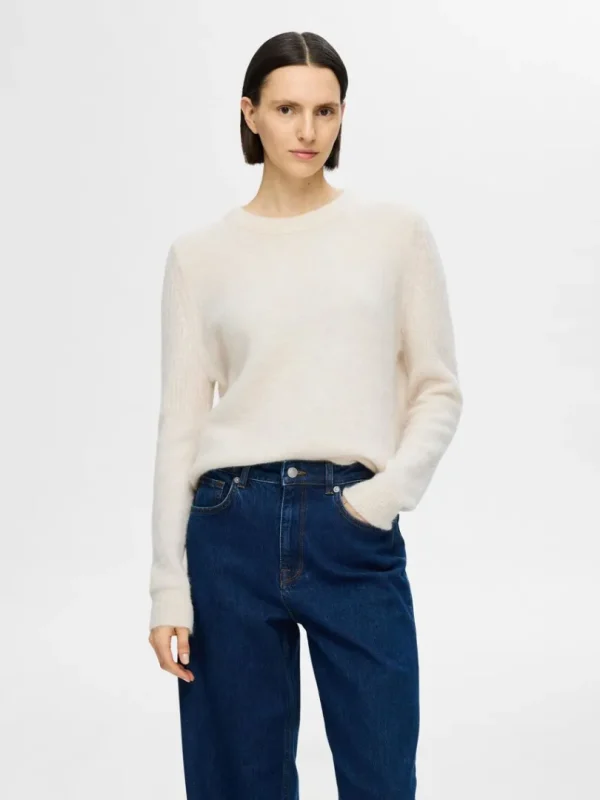 Strik>SELECTED STRIKKET SWEATER MED RUND HALS Beige