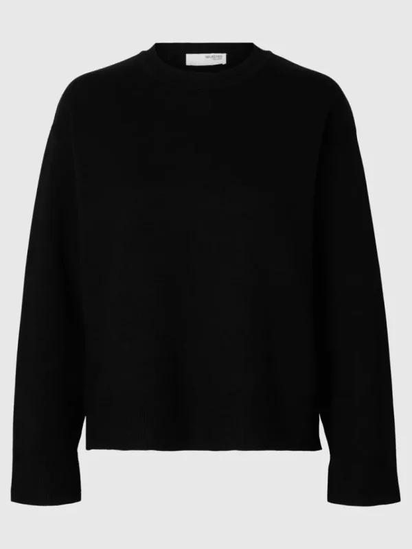Strik>SELECTED STRIKKET SWEATER MED RUND HALS Black