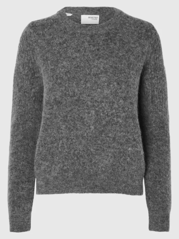 Strik>SELECTED STRIKKET SWEATER MED RUND HALS Grey