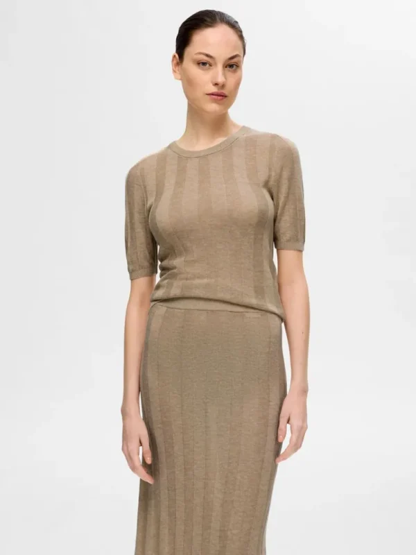 Toppe Og Bluser | Strik>SELECTED STRIKKET TOP MED KORTE ÆRMER Beige