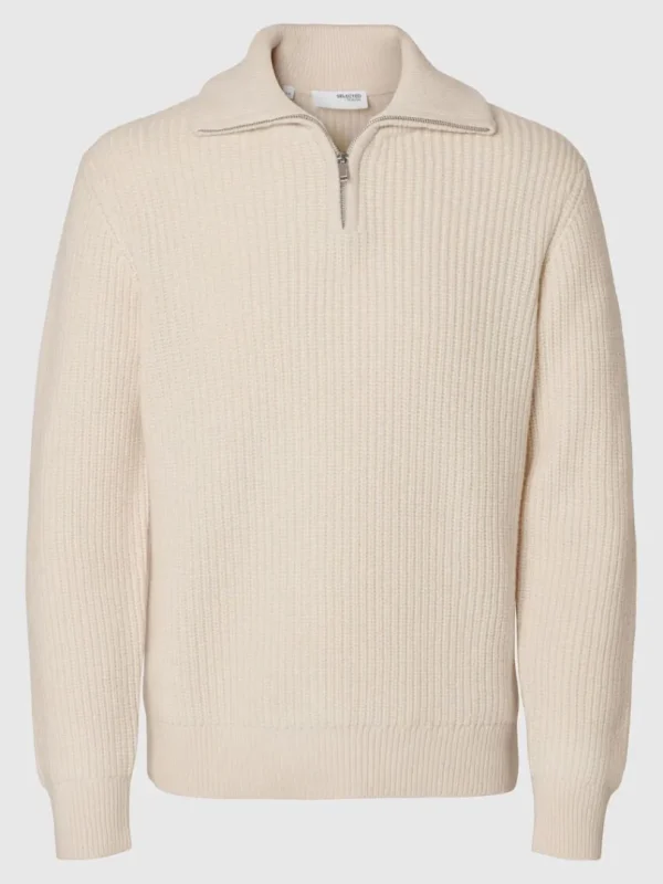 Strik>SELECTED STRIKKET TRØJE MED HALV LYNLÅS Beige