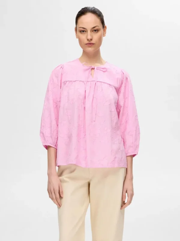 Toppe Og Bluser>SELECTED STRUKTUR BLUSE MED 3/4-ÆRMER Pink