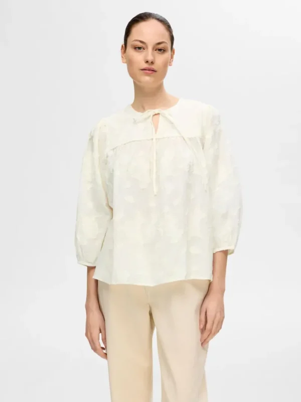 Toppe Og Bluser>SELECTED STRUKTUR BLUSE MED 3/4-ÆRMER White