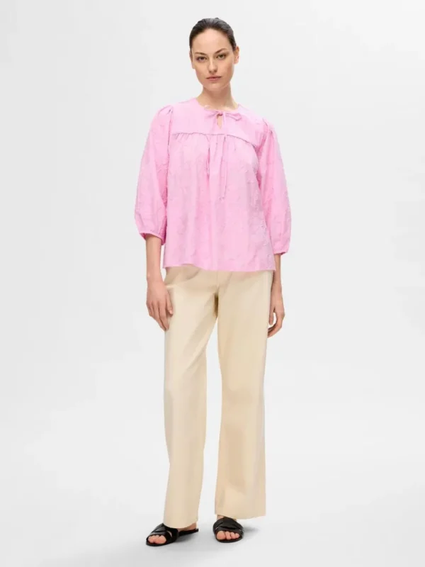 Toppe Og Bluser>SELECTED STRUKTUR BLUSE MED 3/4-ÆRMER Pink