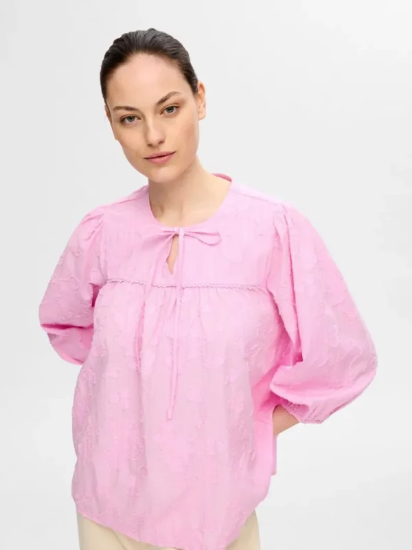Toppe Og Bluser>SELECTED STRUKTUR BLUSE MED 3/4-ÆRMER Pink