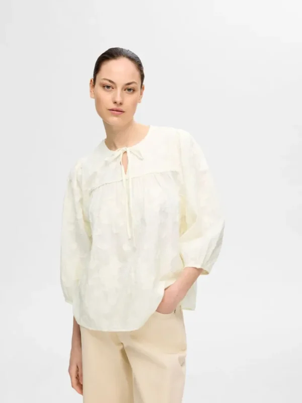 Toppe Og Bluser>SELECTED STRUKTUR BLUSE MED 3/4-ÆRMER White