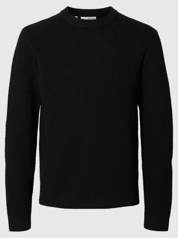Strik>SELECTED STRUKTURERET SWEATER MED RUND HALS Black