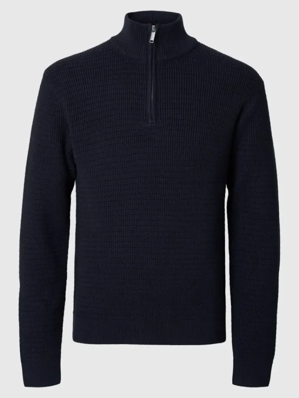 Strik>SELECTED STRUKTURERET TRØJE MED HALV LYNLÅS Blue