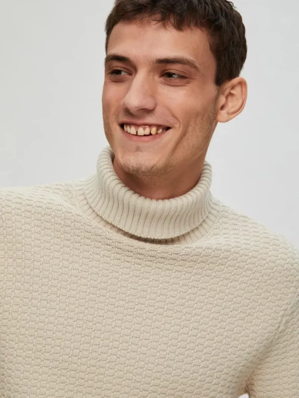 Strik>SELECTED TEKSTURERET RULLEKRAVE STRIKTRØJE Beige