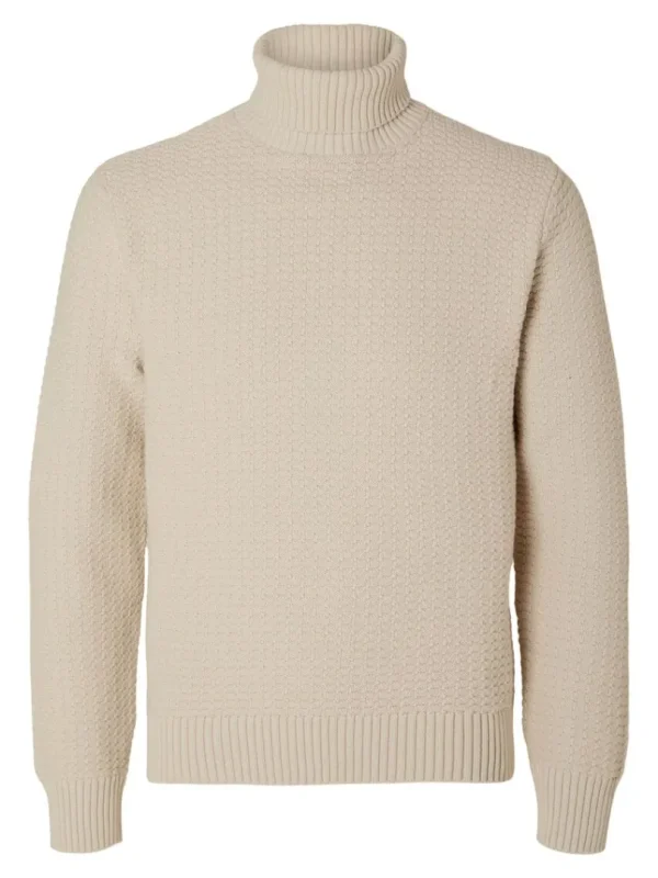 Strik>SELECTED TEKSTURERET RULLEKRAVE STRIKTRØJE Beige