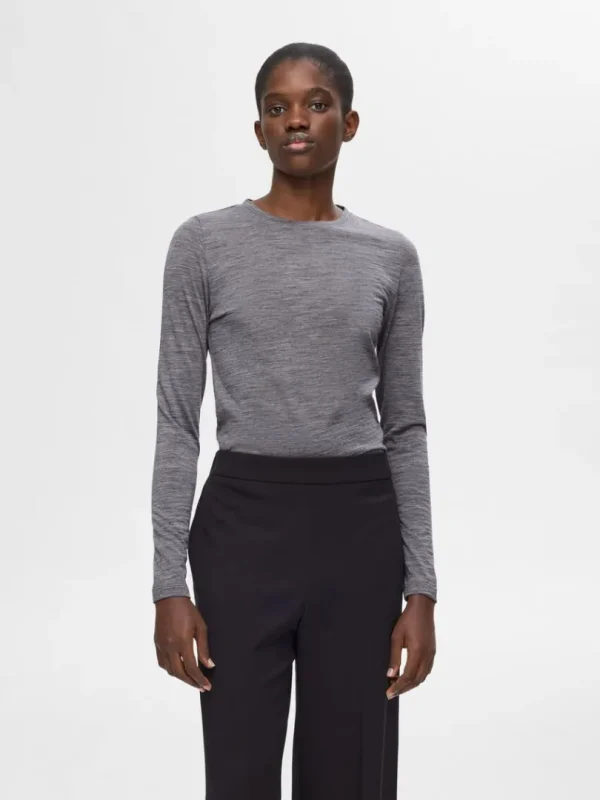 Toppe Og Bluser>SELECTED 100% ULD TOP MED LANGE ÆRMER Grey