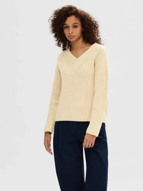 Strik>SELECTED V-HALS STRIKTRØJE Beige