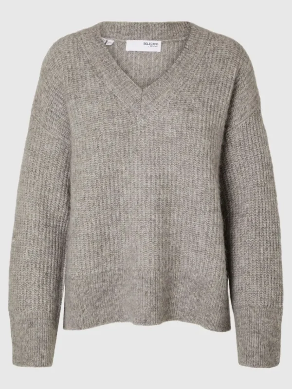 Strik>SELECTED V-HALS STRIKTRØJE Grey