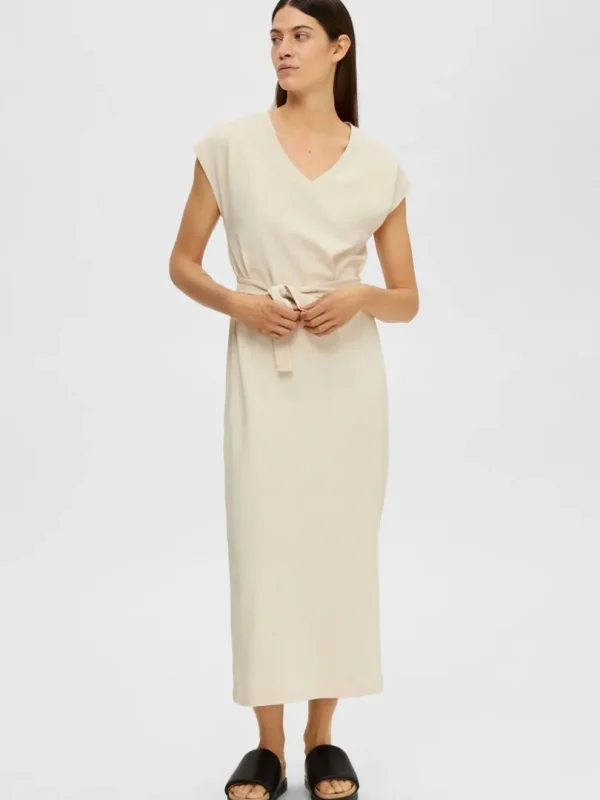 Kjoler>SELECTED V-NECK MIDIKJOLE Beige