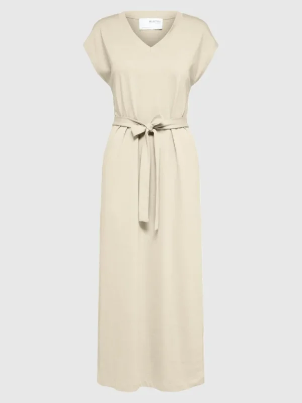 Kjoler>SELECTED V-NECK MIDIKJOLE Beige