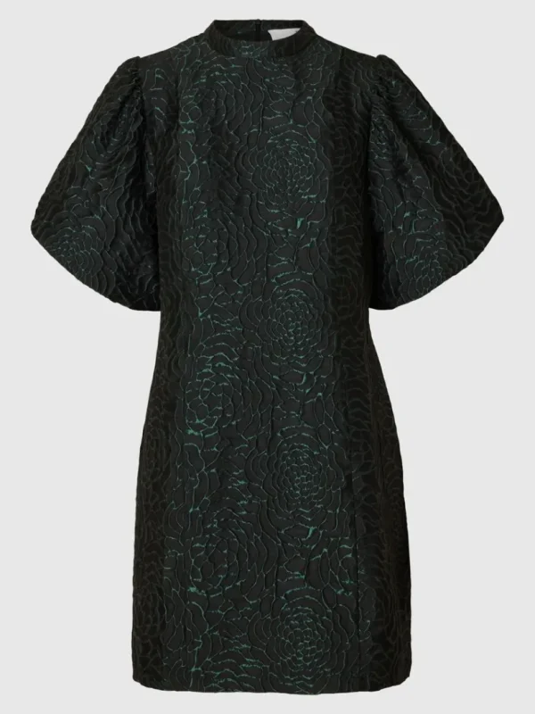 Kjoler>SELECTED BLOMSTRET JACQUARD KJOLE MED PUFÆRMER Green