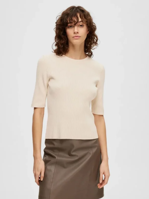 T-shirts | Toppe Og Bluser>SELECTED KORTÆRMET STRIKKET TOP Beige