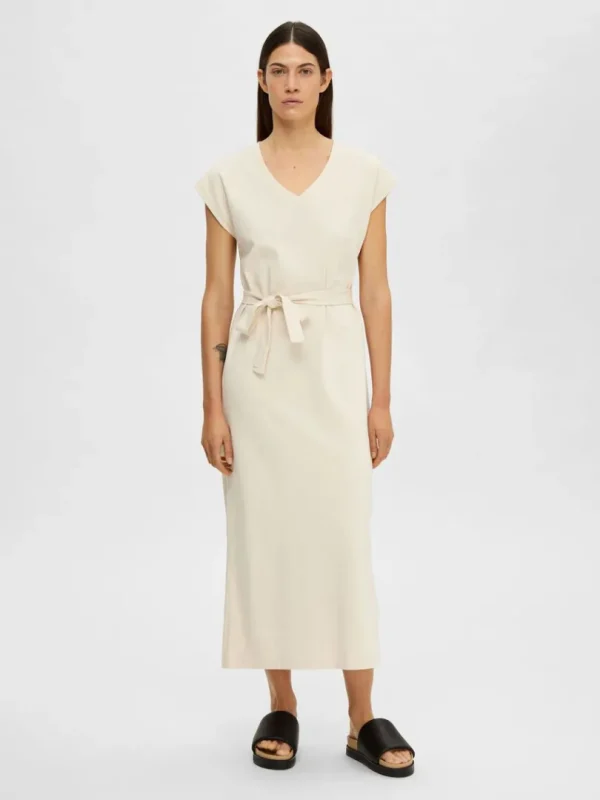 Kjoler>SELECTED V-NECK MIDIKJOLE Beige